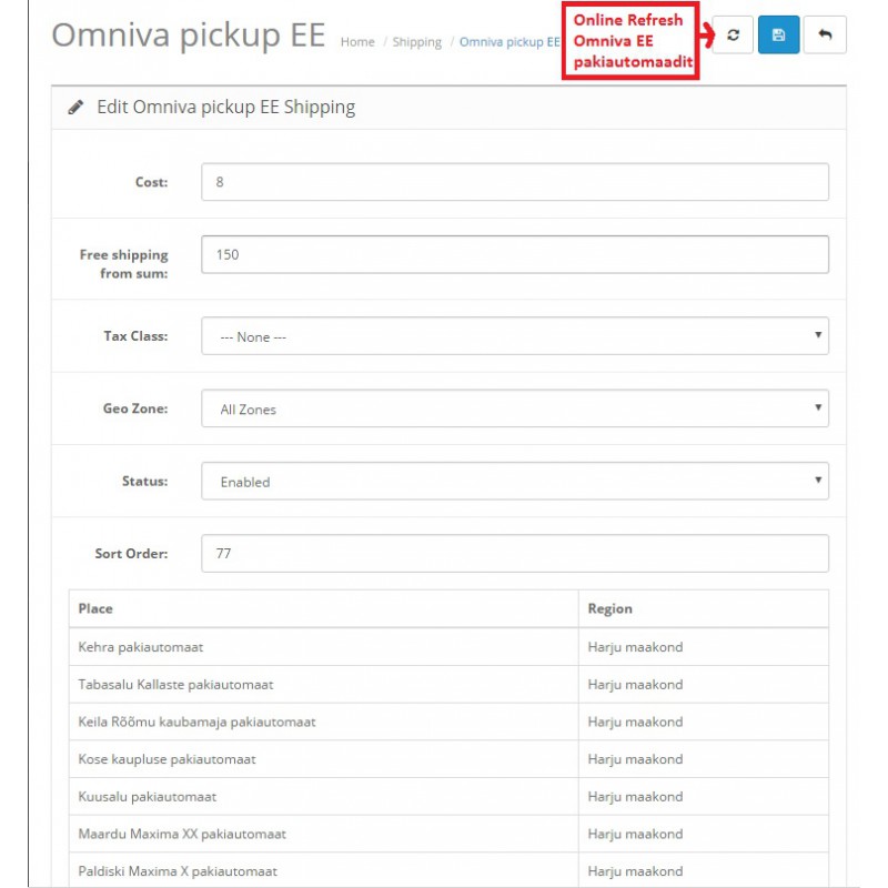 Opencart - Omniva Estonia Pickup Shipping Method